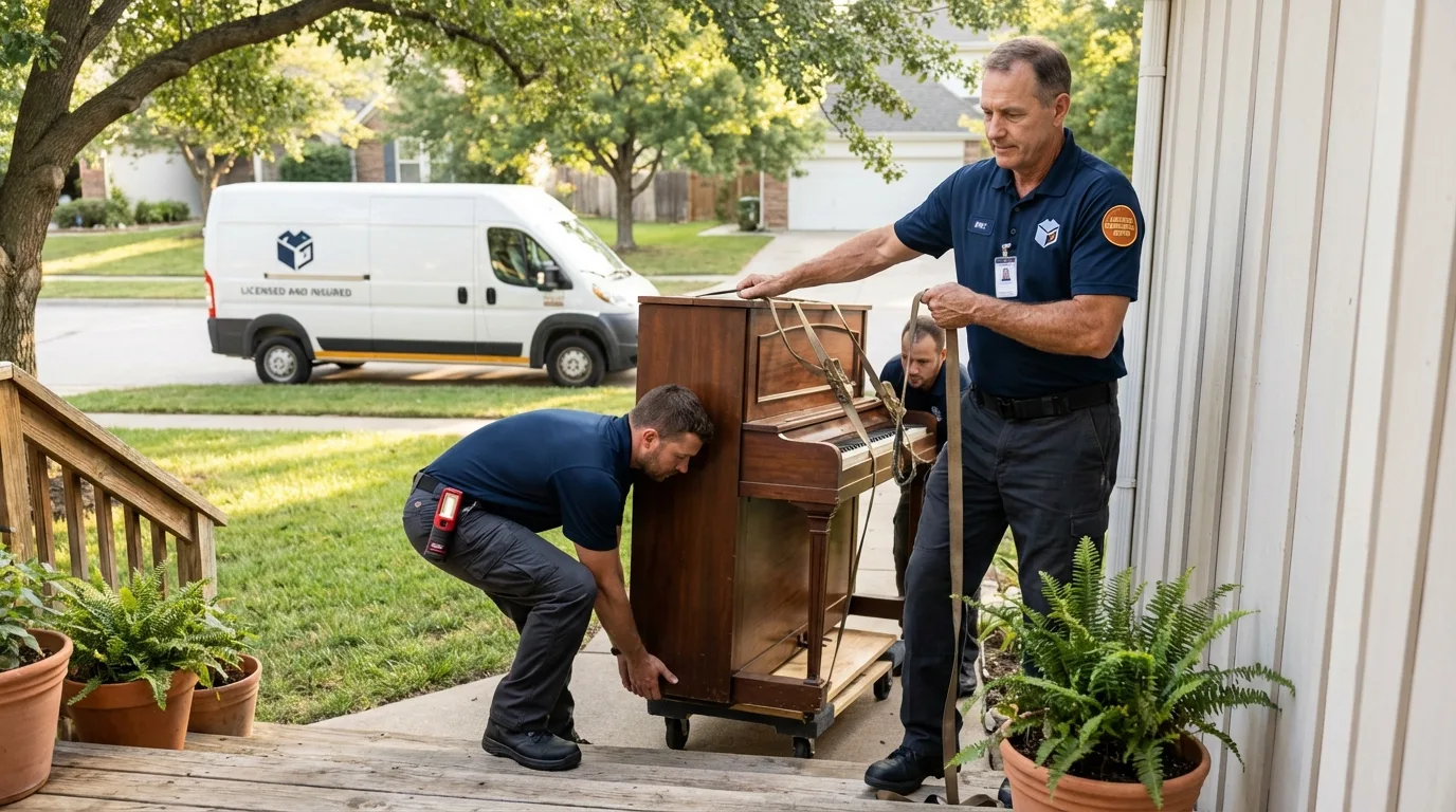 Licensed piano movers securing grand piano in Lee, MA