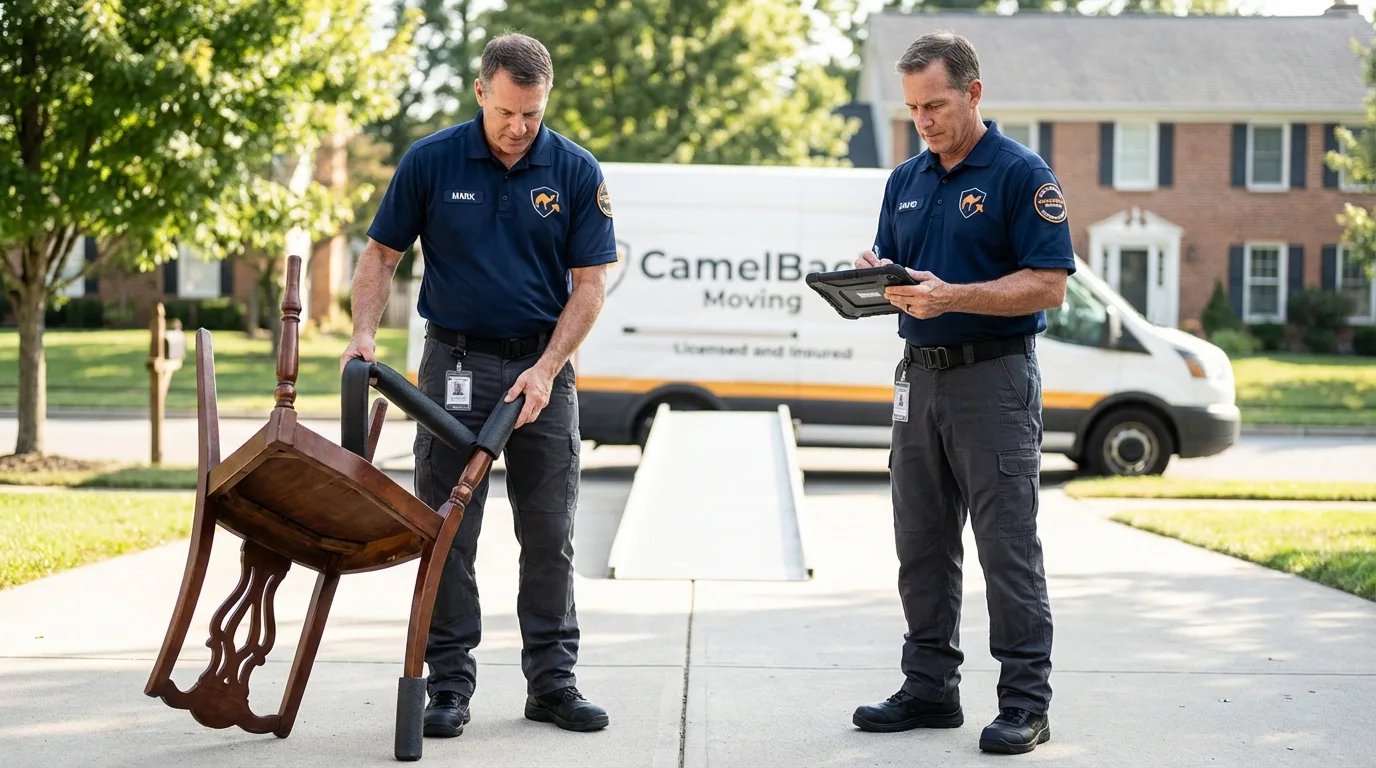 Movers inspecting furniture for damage prevention before loading in Lee, MA